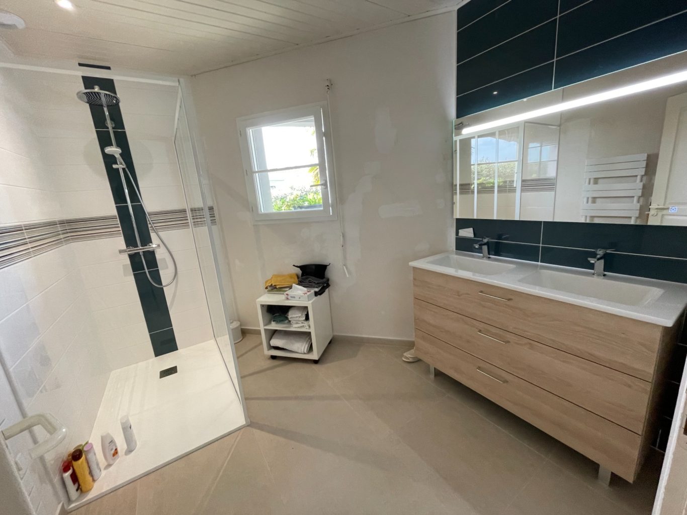 Salle de bain moderne avec douche, meuble en bois et éclairage lumineux.